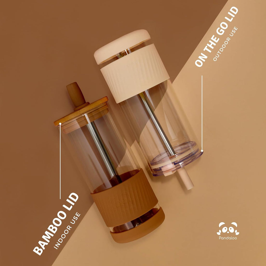 Pandaloo® Glass Cups With Lids and Straws -20 Fl Oz- Perfect Size Iced Coffee Cup - Smoothie Cup With Bamboo Lid and On the go Lid - Glass Tumbler (2 Count (Pack of 1), Amber Sand-Coton White)