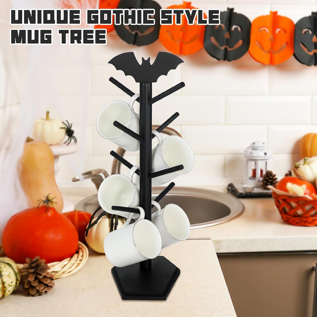 Bat Mug Holder Tree - 8 Hooks Coffee Mug Rack - Gothic Home Decor Wood Coffee Mug Tree for Countertop - Coffee Cup Holder for Halloween Kitchen Organizer & Coffee Bar Accessories, Black