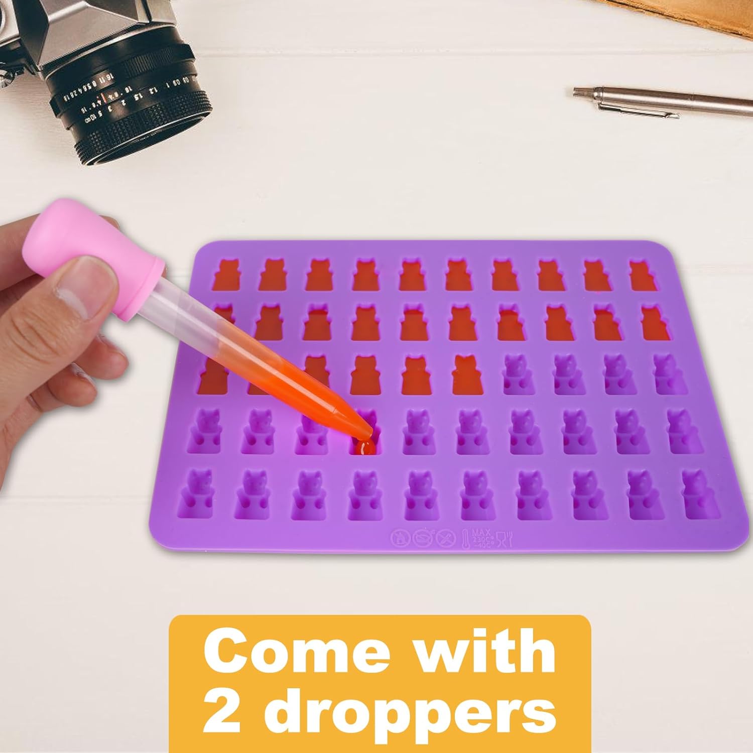 Silicone Gummy Bear Molds,4Pcs Non-stick Chocolate Candy Molds with 2 Droppers Including Mini Dinosaur, Bear Shape, Hearts and Mini Donut