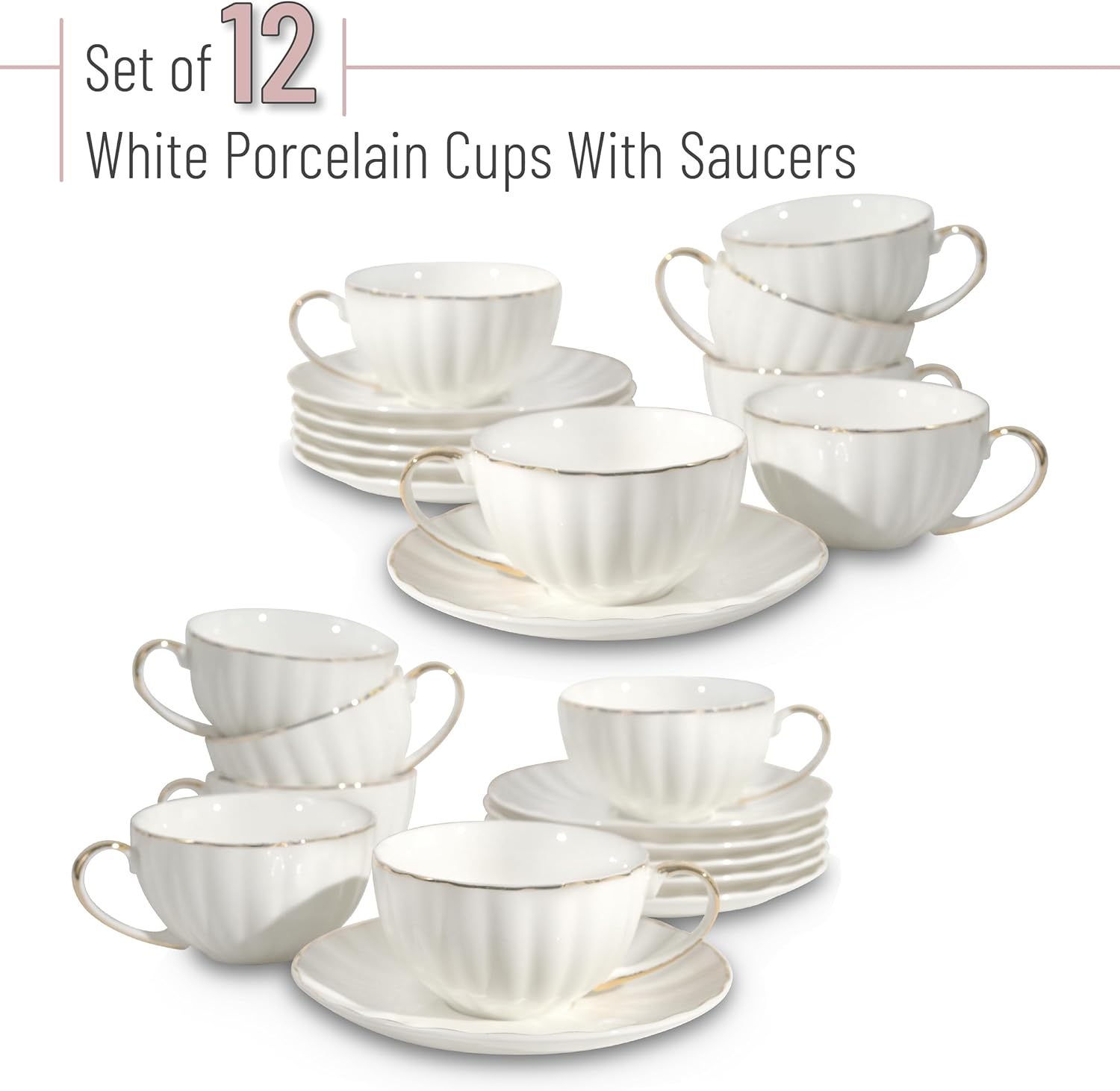 BTaT- White Tea Cups and Saucers Set of 12 (7 oz), Porcelain White Tea Cup Set of 12 with Golden Trim Design, Dishwasher Safe