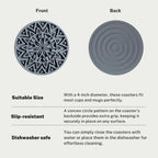 Set of 6 Dark Gray Silicone Coasters with Holder, Drink Coasters with Tribal Pattern Shape- for Table Protection, Anti Slip, Nonstick, Heat Resistant, Deep Tray