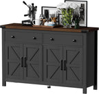 55" Sideboard Buffet Cabinet with Storage, Coffee Bar Cabinet with 2 Drawers and 4 Barn Doors, Long Storage Cabinet Modern Farmhouse, Black Wood, for Kitchen, Dining Room, Living Room