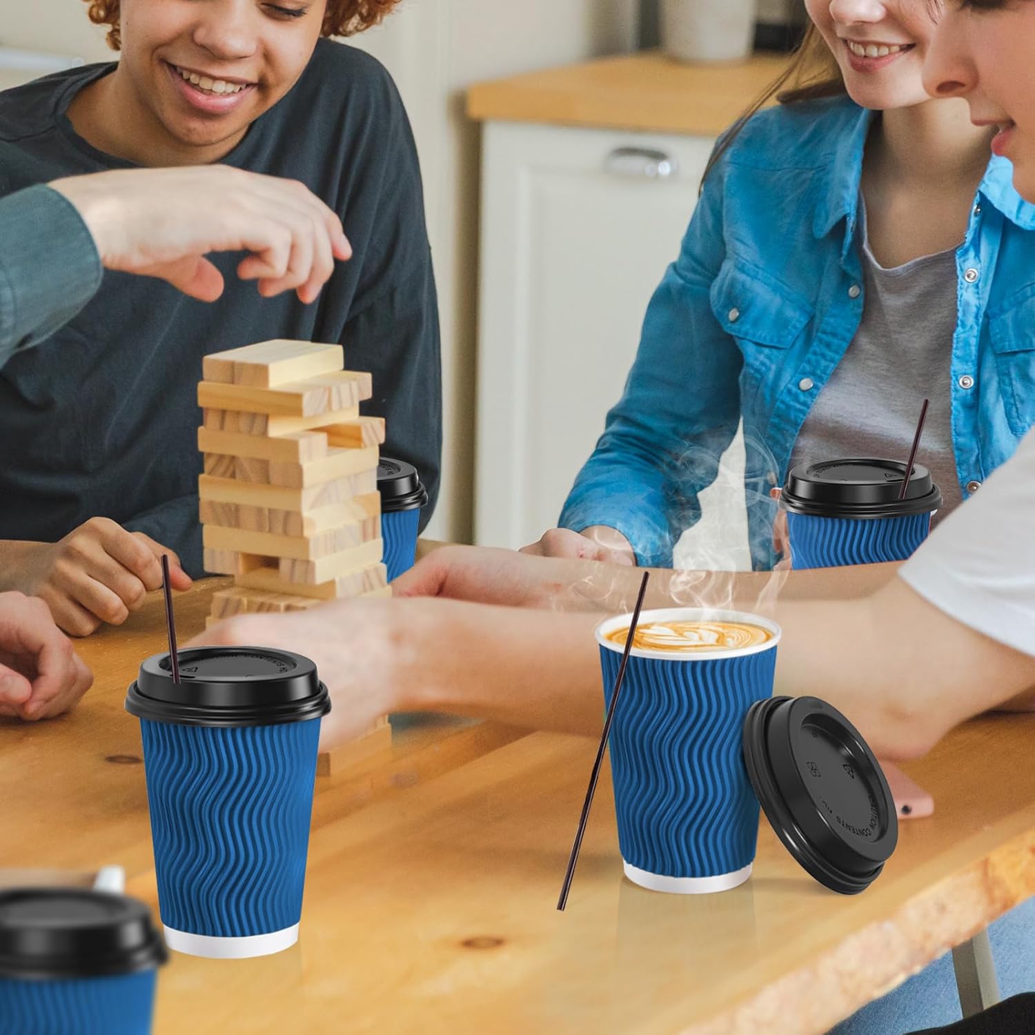 90 Pack 12 oz Disposable Coffee Cups with Lids and Straws, Insulated Ripple Wall To Go Paper Coffee Cups for Coffee, Hot Chocolate and Hot Tea Drinks - Navy