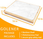 Golener Stone Drying Mat for Kitchen Counter, Dish Drying Pad with Bamboo Rack, Super Absorbent Diatomaceous Earth and Drying Rack, Multi-purpose Quick Drying Mat Rack for Kitchen,16”x12”,Marble White