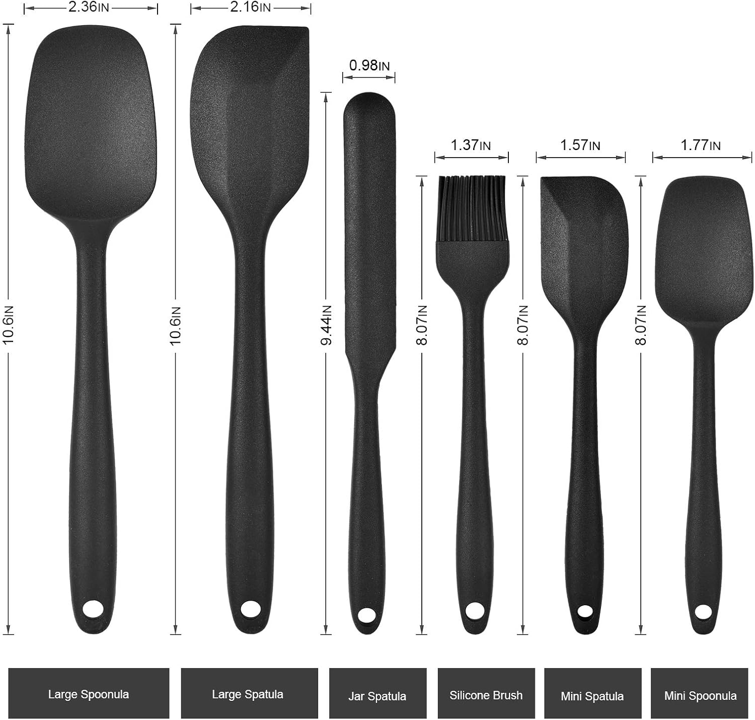 Heat Resistant Silicone Spatulas Set Food Grade Silicone Seamless One Piece Design BPA-Free,Non-Stick,Dishwasher Safe,Cooking and Mixing Set of 6PCS-Black(Black)