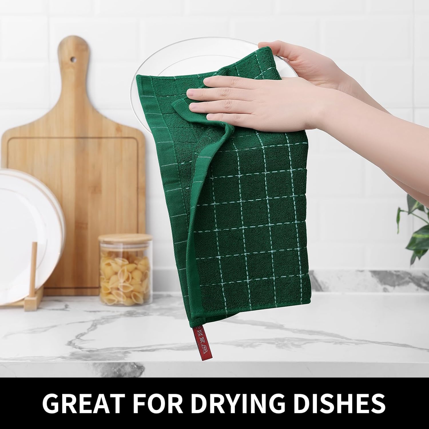 Homaxy 100% Cotton Terry Kitchen Towels(Dark Green, 13 x 28 inches), Checkered Designed, Soft and Super Absorbent Dish Towels, 4 Pack