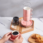 8 Ounce Porcelain Cappuccino Cups with Saucers and Silver Stand, Pink Cups Set of 4