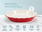 KooK Pie Pan, Ceramic Reusable Round Pie Dish, Quiche Baking Dish, Deep, Wave Edge, For Cakes, Tart, Casseroles, Tarts, Microwave, Oven and Dishwasher Safe, 9-Inch, 36 oz, Set of 2, Cherry