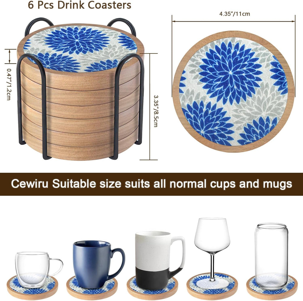 Wood Coasters Set of 6 with Holder, Cewiru Cup Mat for Drinks, Absorbent Coasters with Felt Insert for Coffee Table Protection, Modern Style Home Dining Table Decor, 4.3" Blue