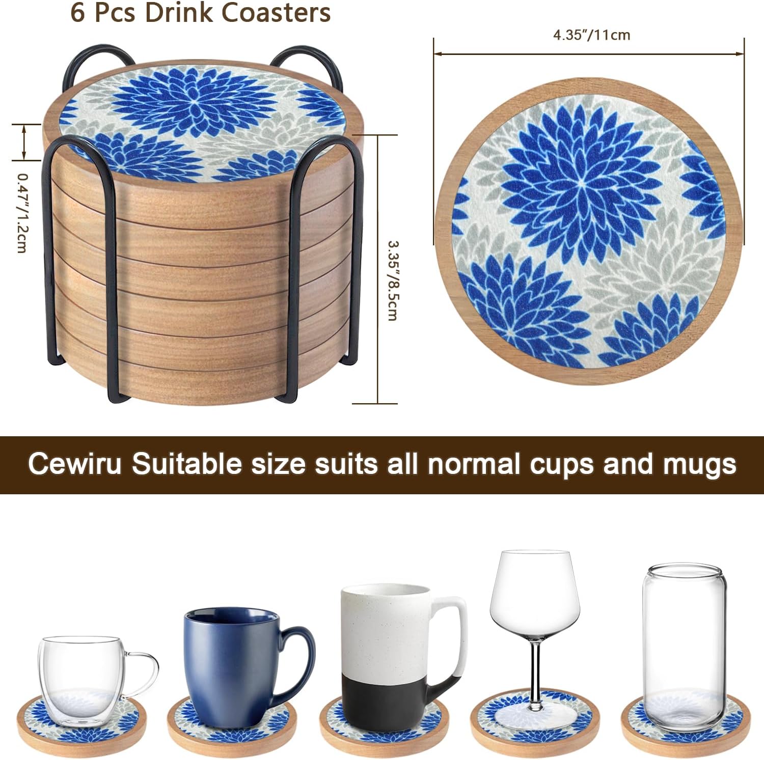 Wood Coasters Set of 6 with Holder, Cewiru Cup Mat for Drinks, Absorbent Coasters with Felt Insert for Coffee Table Protection, Modern Style Home Dining Table Decor, 4.3" Blue