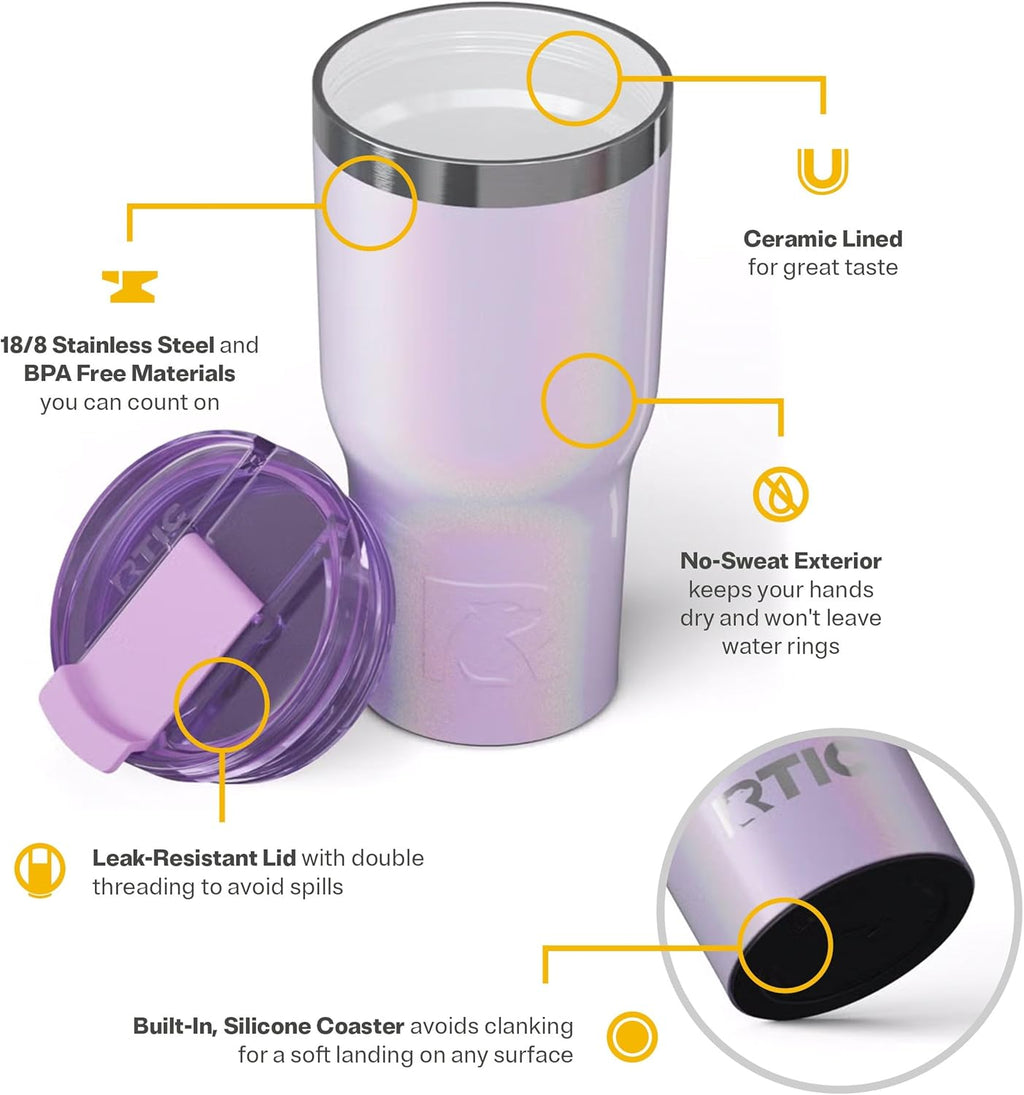 RTIC 20oz Essential Tumbler with Lid, Insulated, Stainless Steel, Metal, Double Wall Vacuum-Insulation, Ceramic Lined, Travel Cup for Iced Coffee, Tea, Hot and Cold Drink, Lavender Glitter