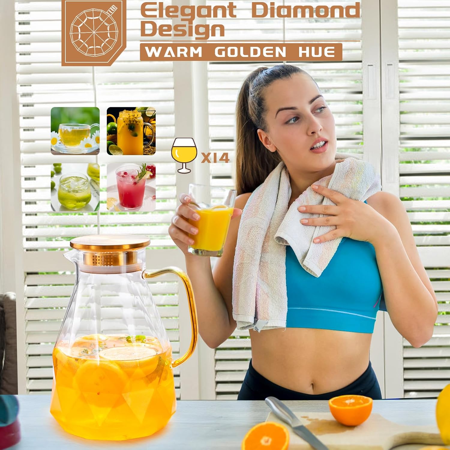 Yirilan Glass Pitcher, 2.4Liter Water Pitcher With Lid, Iced Tea Pitcher for Fridge, Glass Water Carafe With Lid, Glass Water Jug, Large Drink Pitcher For Juice, Milk, Cold Or Hot Beverages, 2400ML