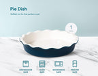 KooK Deep Dish Pie, Pecan Dessert Dish, Porcelain, Ceramic, Deep Dish Plate 10 Inch, Apple Pie, Ruffled Wave Edge, Reusable Round Pan, Oven and Dishwasher Safe, 44 Oz (Navy Blue)