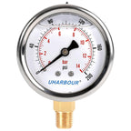 Glycerin Filled Pressure Gauge 200psi/14bar, Stainless Steel case, Brass Inside Construction, 2-1/2" dial, 1/4" NPT Rear Connection.