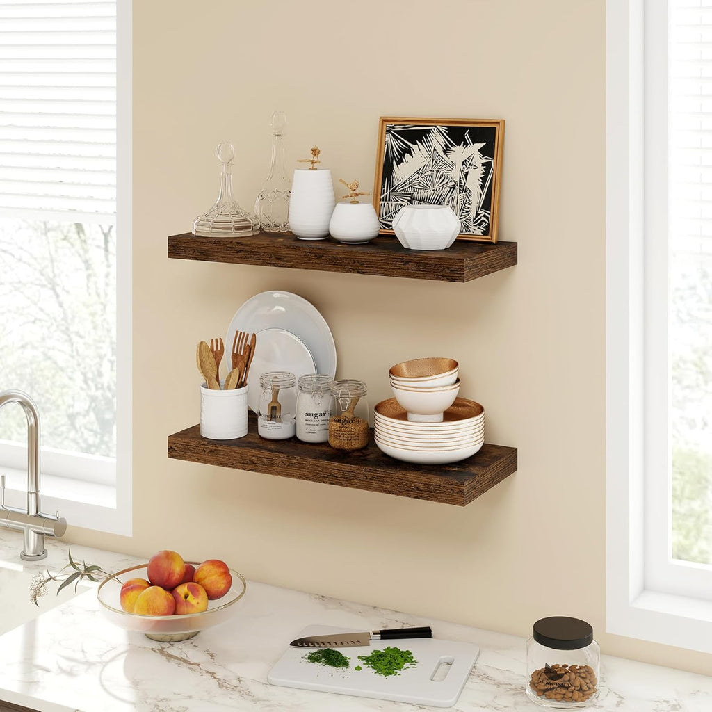 24 Inch Floating Shelves, 9.3" Deep Floating Shelf Wall Mounted, 24" Wall Shelves, Rustic Deep Bookshelf, Large Display Shelves & Storage Shelves for Bedroom, Living Room, Brown, Set of 2