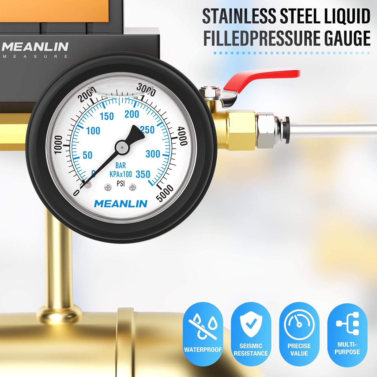 MEANLIN MEASURE 0~5000Psi Stainless Steel Liquid Filled Pressure Gauge 1/4" NPT 2.5" FACE DIAL with Rubber Protective Sleeve, Center Back Mount