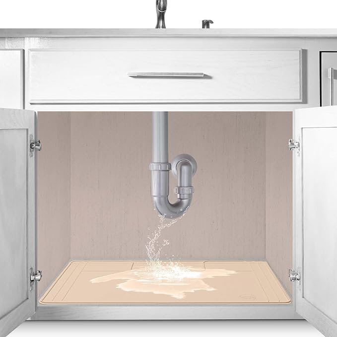 The Original Under Sink Mat - Silicone Waterproof mat, Adjustable, Easy to Clean, Kitchen cabinet liner, Disinfection Surface - 34" x 22" or smaller (Beige, 31" x 22")