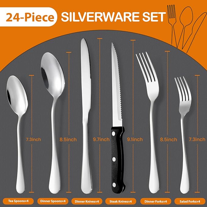Silverware Set with Steak Knives, Stainless Steel Flatware Cutlery Set for 4, Spoons Forks and Knives Sets, Mirror Finished Utensil Sets Dishwasher Safe (24PCS Silver)