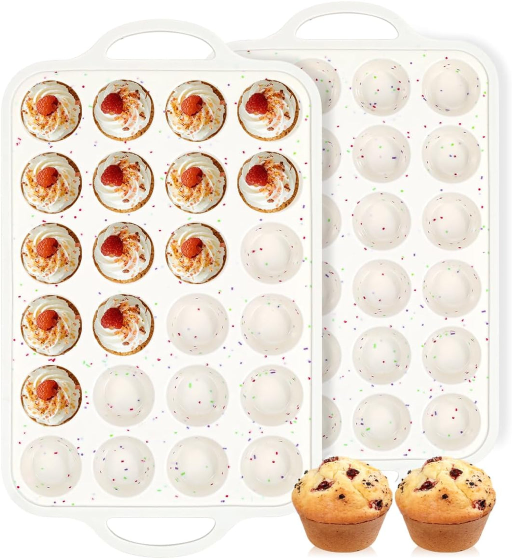 Silicone Mini Muffin Pan, Metal Reinforced Frame 24 Cups Nonstick Mini Cupcake Pans with Handles Easy to Move for Baking Muffin, Cupcake, Egg Bites Oven Safe, 2 Pack Confetti