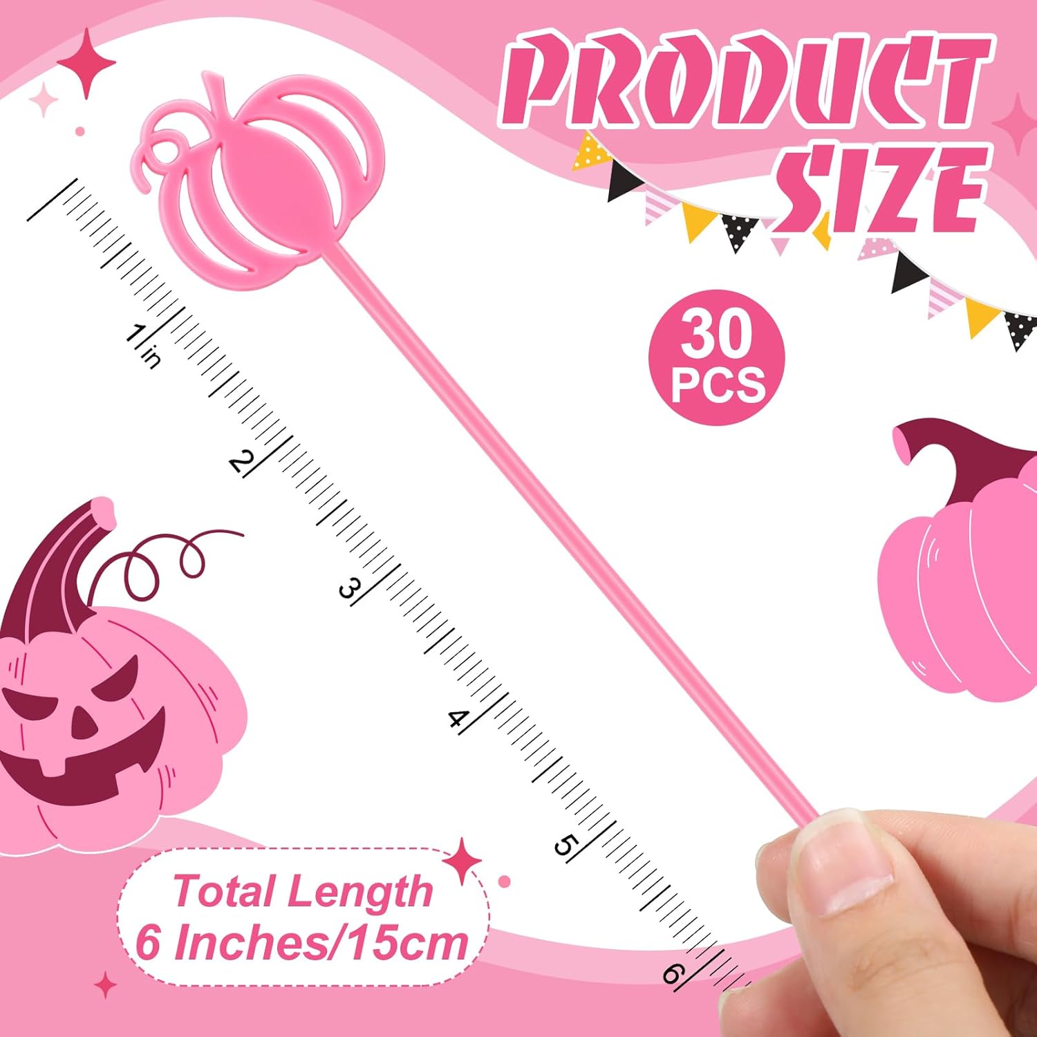 30 Pcs Halloween Swizzle Sticks Plastic Coffee and Cocktail Stirrers Fall Thanksgiving Drink Stirrers Cocktail Mixers for Halloween Fall Autumn Party Tea Coffee Bar Decoration(Pink Pumpkin)