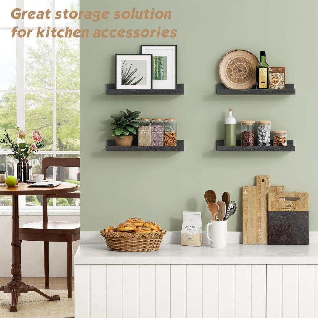 Forbena Black Picture Ledge Shelf, Floating Shelves with Lip for Wall, Small Wall Shelves for Bathroom Bedroom Kitchen Office Living Room Books, Art Pictures, Photo Frame, Plants (4-Pack, Real Wood)