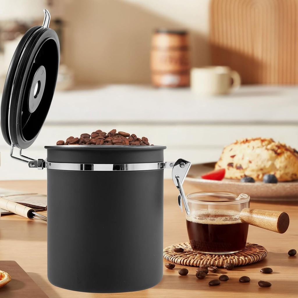 2Pcs Coffee Storage Canister 1.5L Double Airtight Coffee Beans Container with Date Locator 304 Stainless Steel Kitchen Food Storage Container with Spoon for Tea Sugar,Black (2)