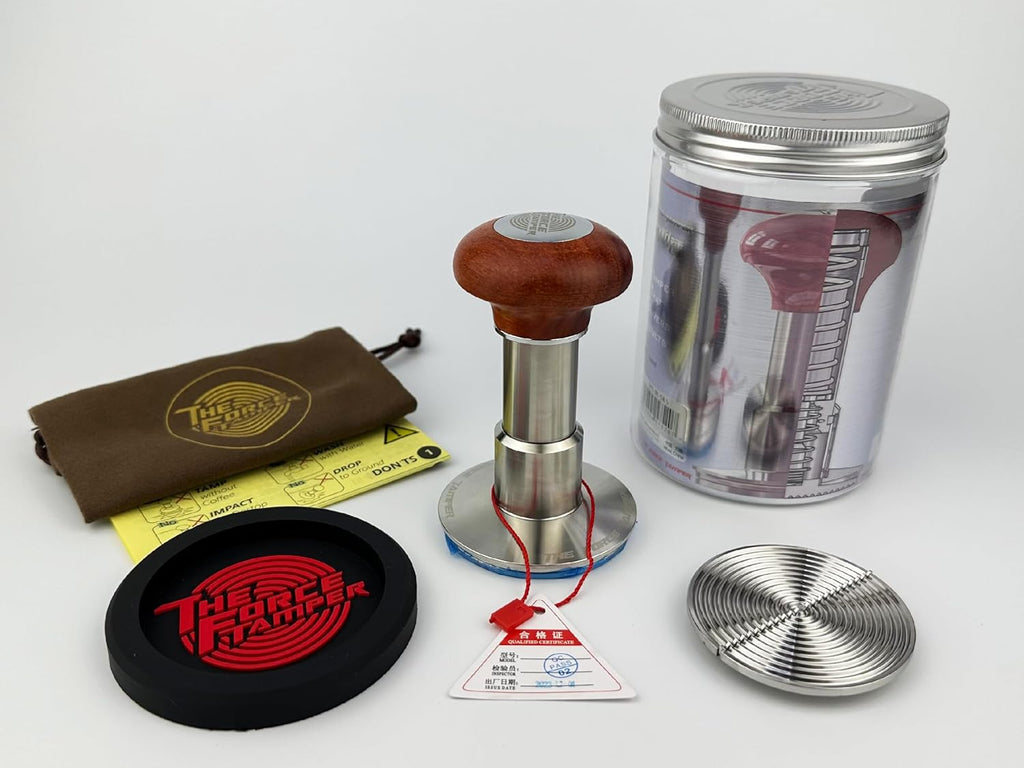 The Force Tamper Automatic Impact Adjustable Constant Pressure and Autoleveling Coffee Tamper Reddish Brown Jellyfish Wooden Handle Set Pro (Ripple-Distribute Set, 58.35mm)