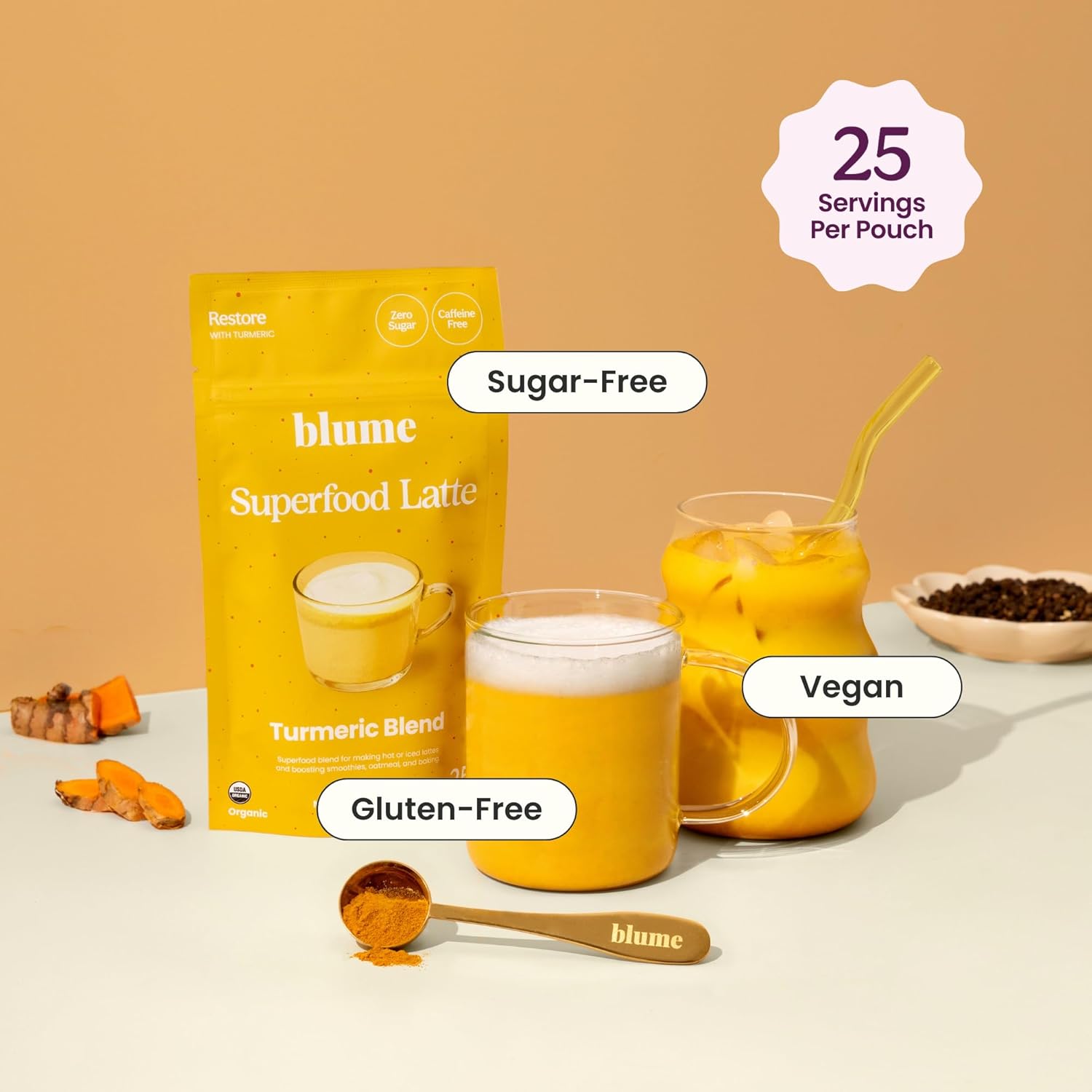 Blume Superfoods Latte - Turmeric Powder and Ginger Powder - Golden Milk, Cardamom, Ginger Root, Caffeine Free, Sugar-Free, Organic - Vegan, Keto Friendly, Gluten-Free - 25 Servings