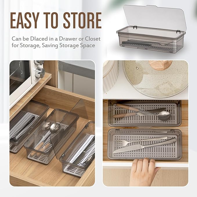 Remerry 6 Pcs Flatware Tray with Lid and Drainer, Plastic Utensil Organizer, Kitchen Cutlery Transparent Storage Box with Lid and Drain Rack, Drawer Tableware Storage Box for Home and Travel (Grey)