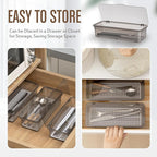 Remerry 3 Pcs Flatware Tray with Lid and Drainer, Plastic Utensil Organizer, Kitchen Cutlery Transparent Storage Box with Lid and Drain Rack, Drawer Tableware Storage Box for Home and Travel (Grey)