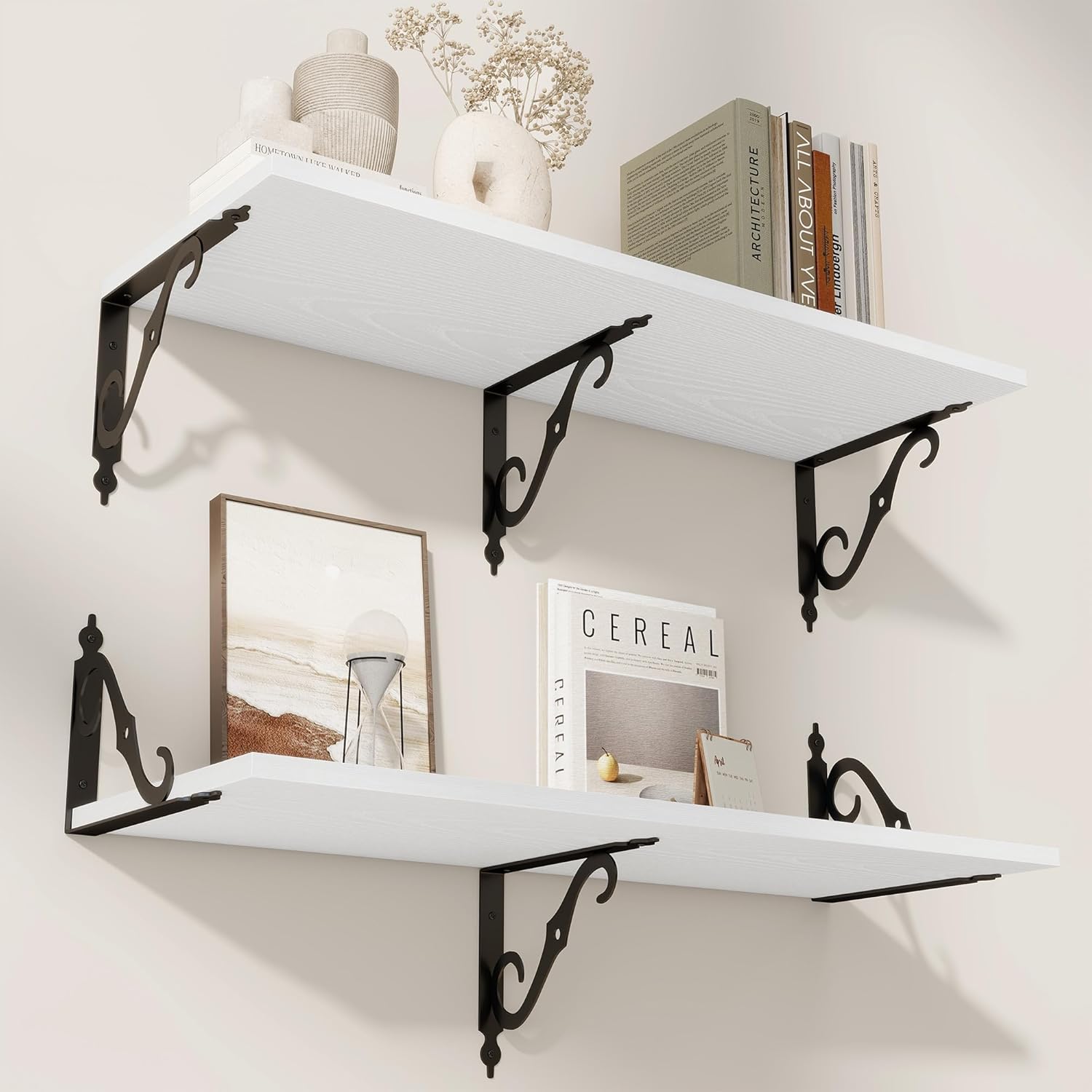 RICHFOCUS 12 Inch Deep Floating Shelves for Wall, 31.5" W x 12" D Wood Wall Shelves Set of 2, Wide Floating Shelves for Living Room, Bedroom, Kitchen, Bathroom and Decor Storage, White