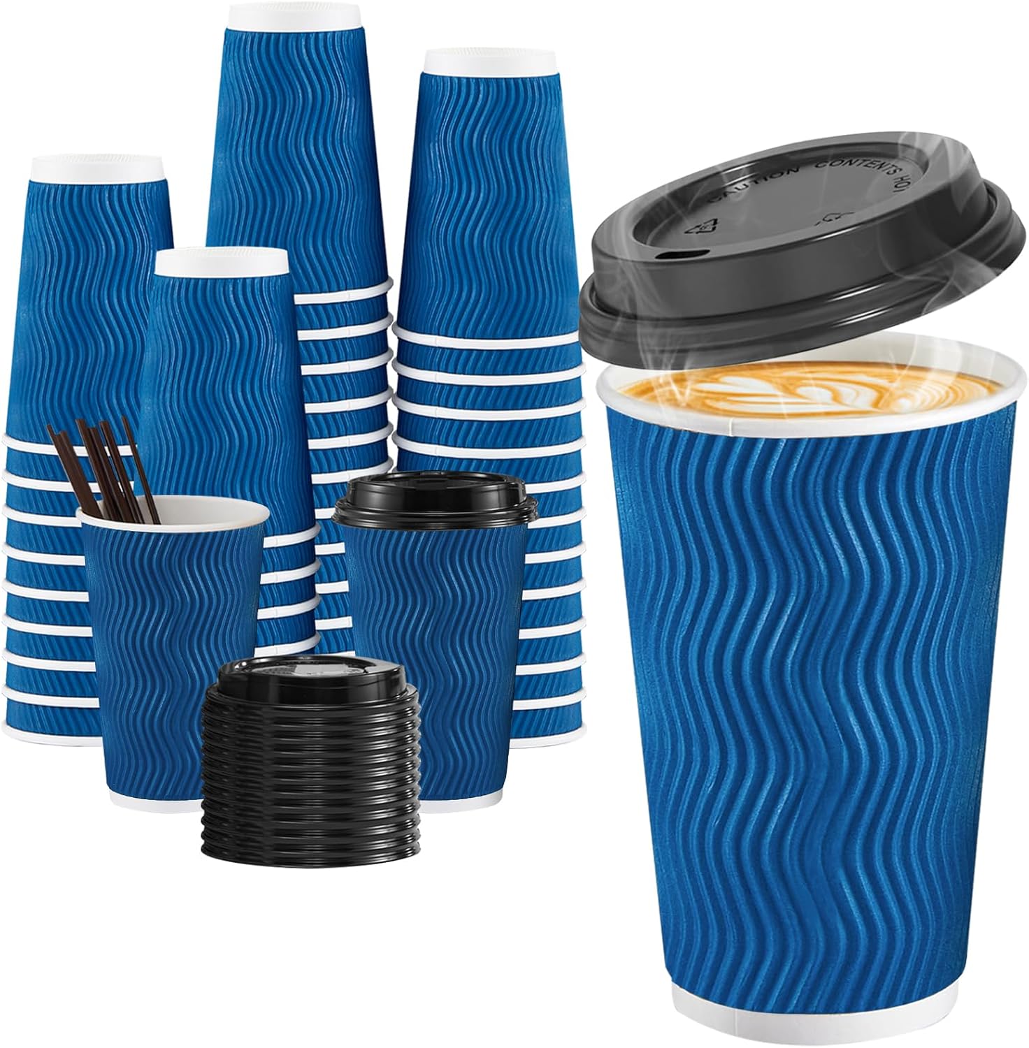 80 Pack 16 oz Disposable Coffee Cups with Lids and Straws, Insulated Ripple Wall To Go Paper Coffee Cups for Coffee, Hot Chocolate and Hot Tea Drinks - Navy