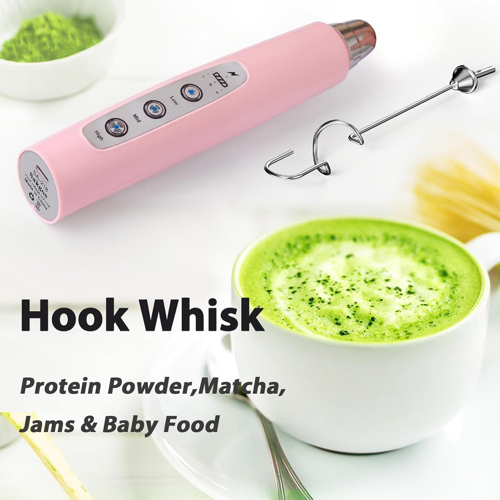 Milk Frother Rechargeable Handheld - Electric Whisk 3 Speed Adjustable, Coffee Frother Wand with 3 Stainless Whisks, Electric Foam Maker, Drink Mixer Blender for Latte Cappuccino Matcha Egg