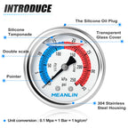 MEANLIN MEASURE 1/4" NPT 0-35psi Pressure Gauge, 2" Dial Glycerine Filled Pool Filter, 304 Stainless Steel Housing, Back Mount, with 1/2" NPT and 3/8" NPT Hex Bushing