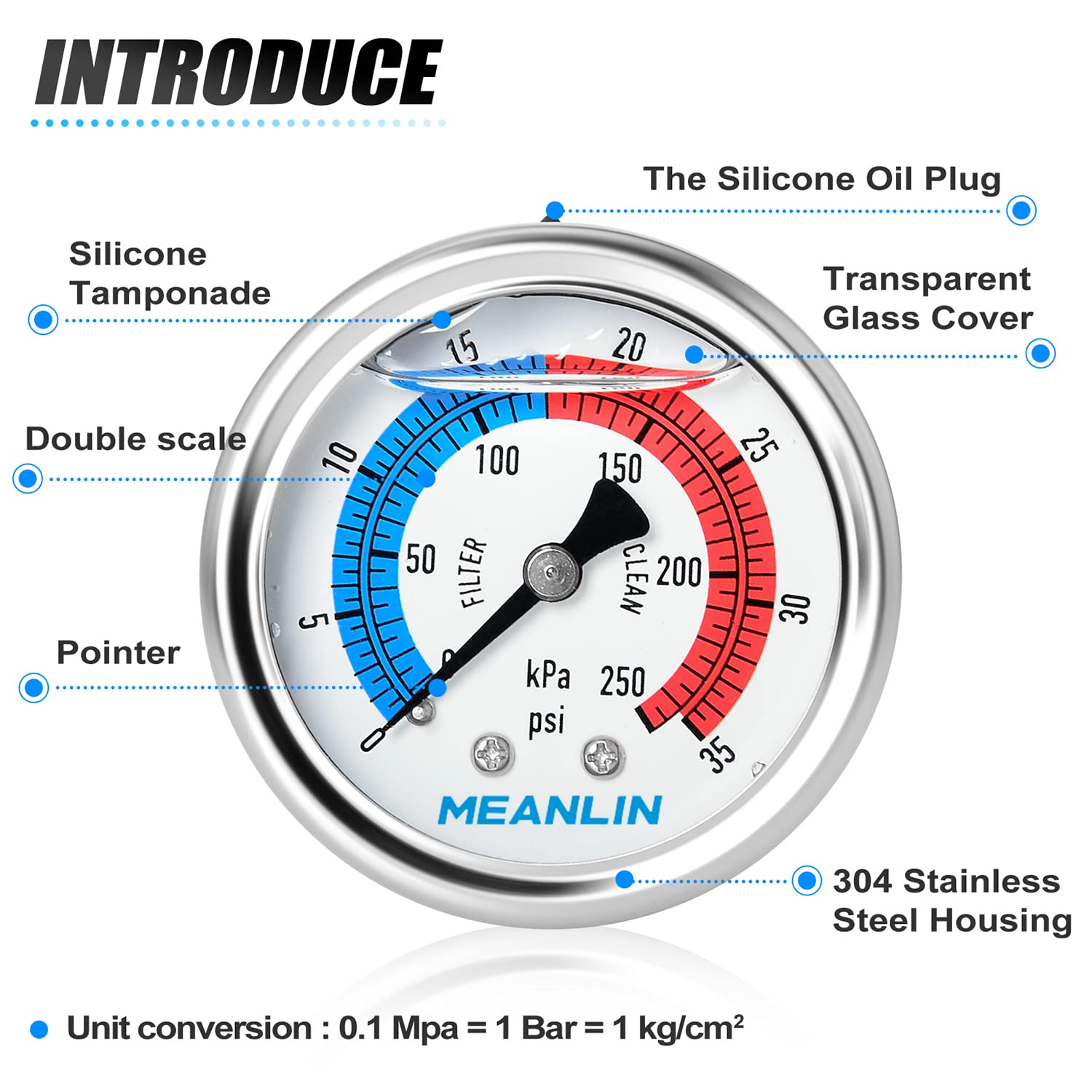 MEANLIN MEASURE 1/4" NPT 0-35psi Pressure Gauge, 2" Dial Glycerine Filled Pool Filter, 304 Stainless Steel Housing, Back Mount, with 1/2" NPT and 3/8" NPT Hex Bushing