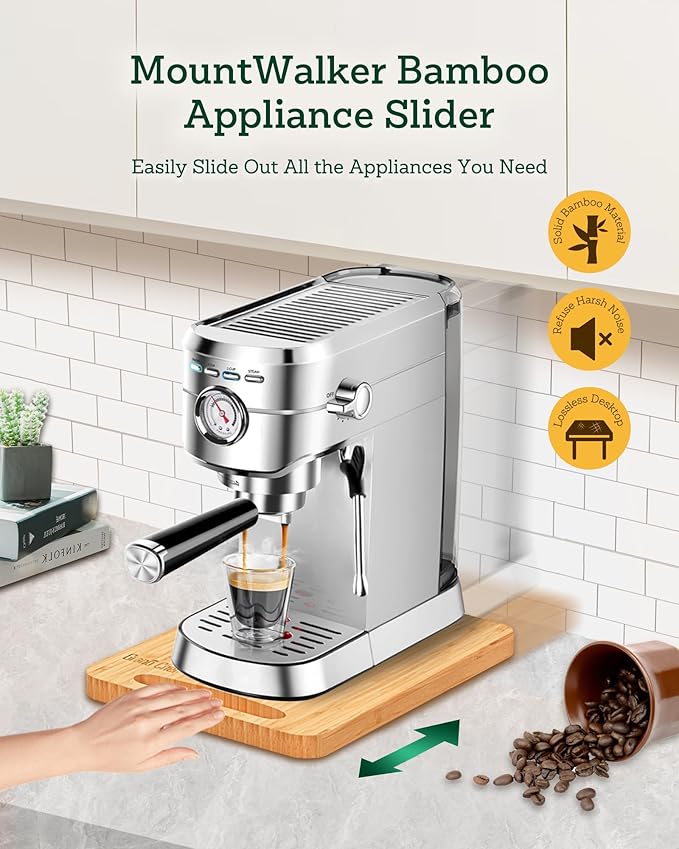 Bamboo Appliance Slider, Sliding Tray for Coffee Maker, Kitchen Countertop Appliance Rolling Tray, Coffee Pot Slider Tray with Rubber Wheels,Deep - Medium (9.5"D x 14"W)