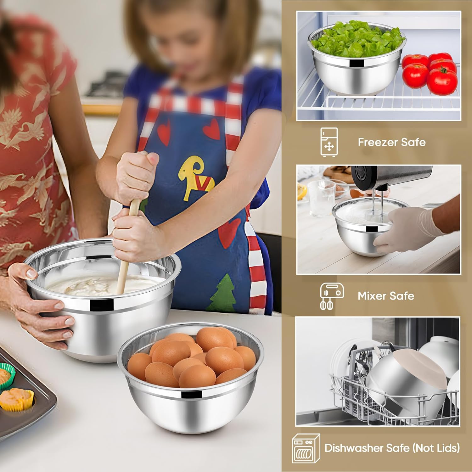 TeamFar Khaki Mixing Bowls, Stainless Steel Metal Nesting Salad Bowls with Airtight Lids Set of 5, Healthy & Heavy Duty, Non-slip Bottom & Airtight Lid, 7/3.5/2.5/1.5/1 QT