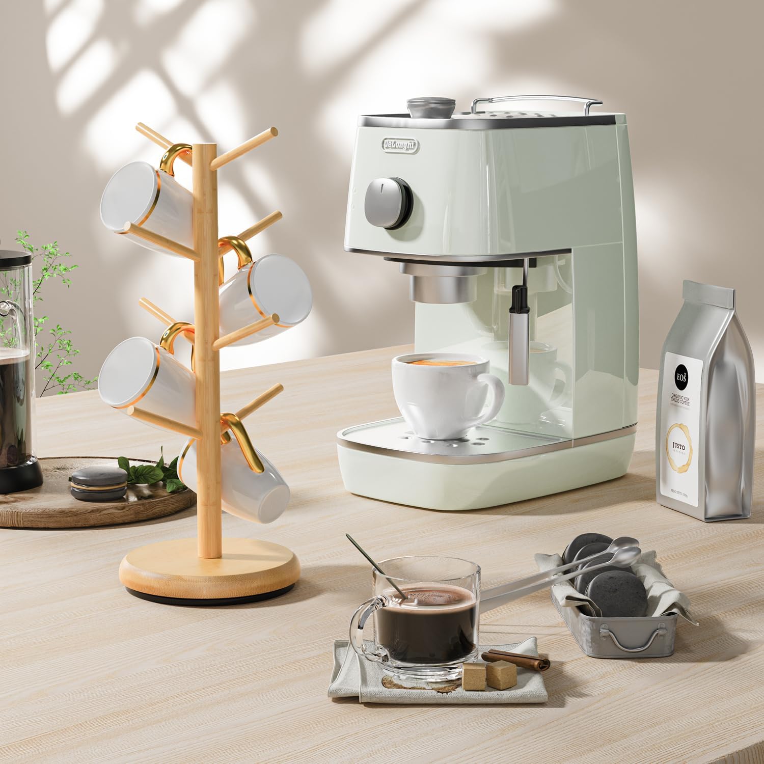 BAMBANG Mug Holder Tree, 360° Rotating 8 Hooks Coffee Cup Holder for Counter Top, Bamboo Coffee Mug Rack Stand for Kitchen Countertop Home, Natural