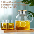 2L 68OZ Glass Pitcher with Lid and Spout, Water Jug, Glass Water Pitcher Carafe for Hot/Cold Water 2000ml for Fridge, Large Iced Tea Jug for Homemade Beverage
