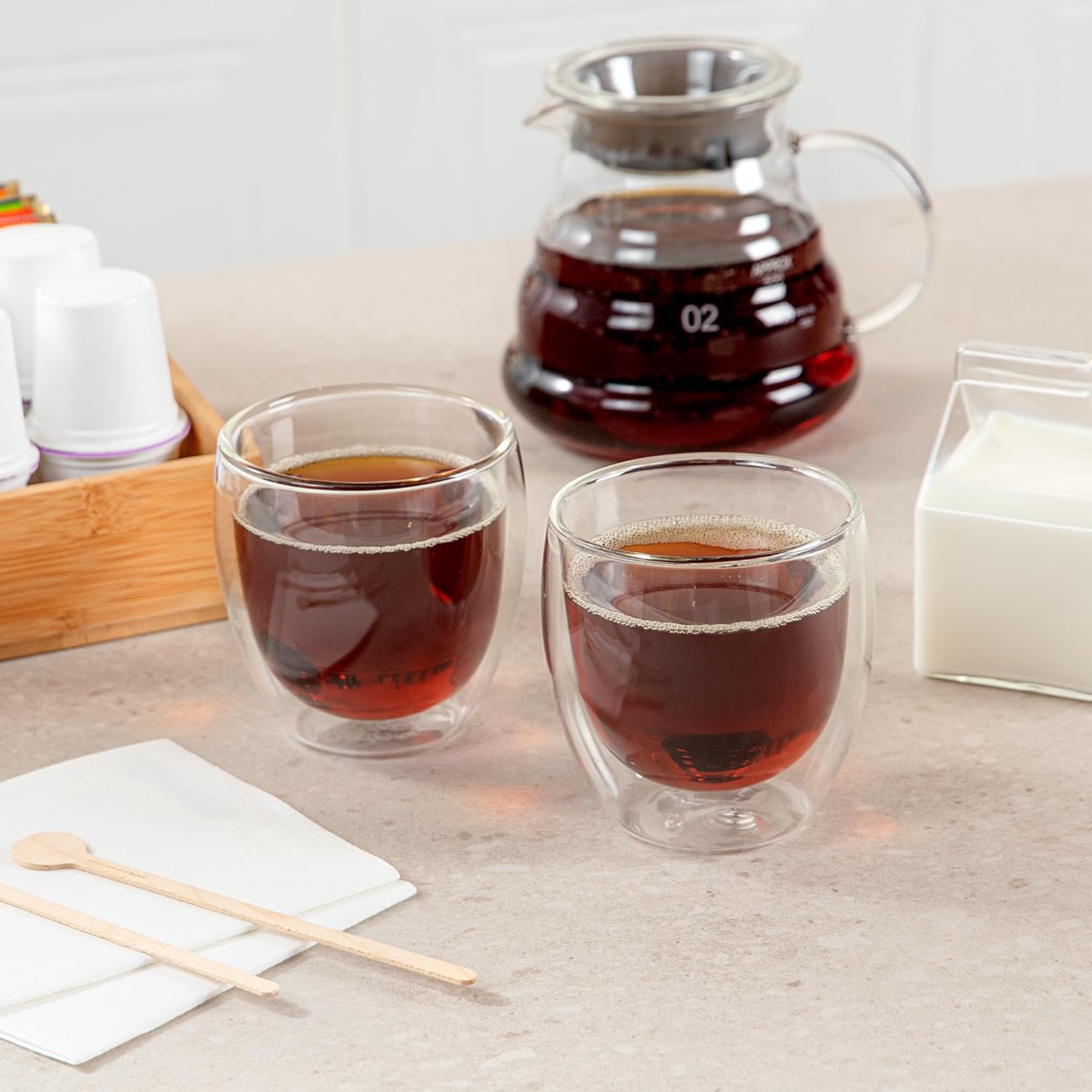 Restaurantware-Forma Professional 8.5 Ounce Double Wall Coffee Cups, 12 Insulated Latte Glasses - Dishwashable, Reusable, Clear Glass Beverage Cups, Freezable, For Hot Or Cold Beverages