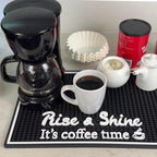 Coffee Bar Mats for Countertop Rise and Shine It's Coffee Time Sign 18x12 in Espresso Machine Mat Compatible, Premium Silicone Mat for Countertop for Tiki Bar Decor and Tiki Decorations