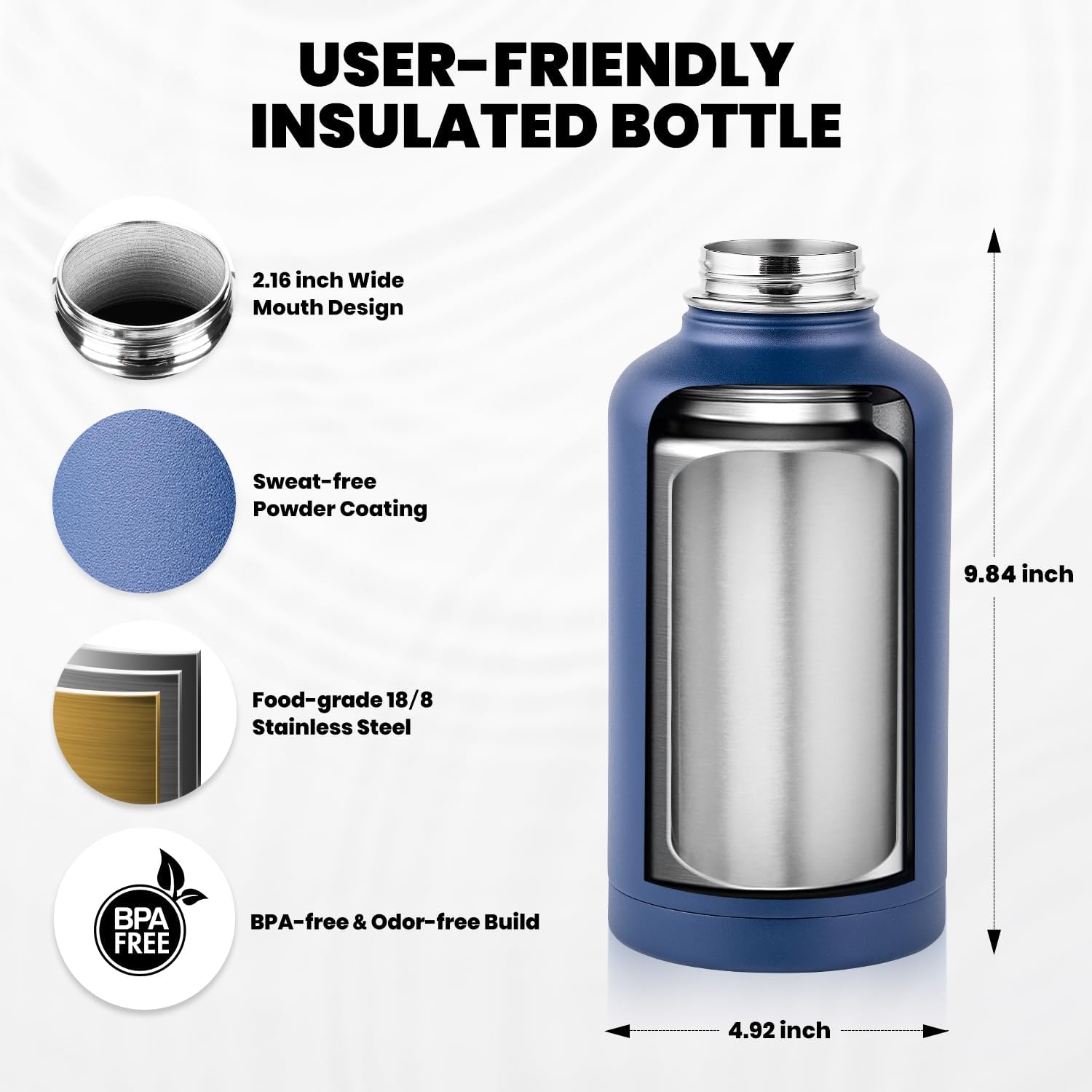 Insulated Water Bottle 64 oz, Triple Wall Vacuum Stainless Steel (Cold for 48 Hrs), Leak Proof & Non-BPA, Half Gallon Water Flask Jug with Paracord Handle & Straw Spout Lids, Navy Blue