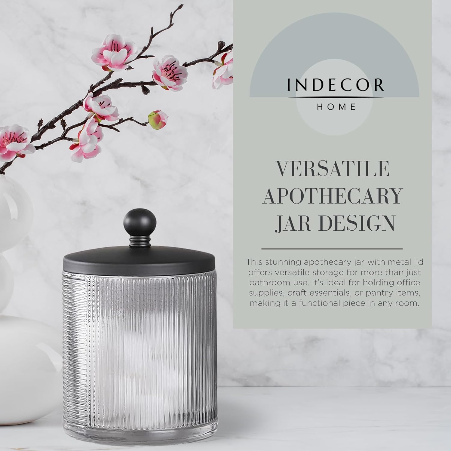 Glass Jar with Metal Lid for Bathroom Organization, Clear Apothecary Jar for Cotton Balls, Q Tips, and Small Accessories, Stylish Bathroom Storage Container Grey, Black