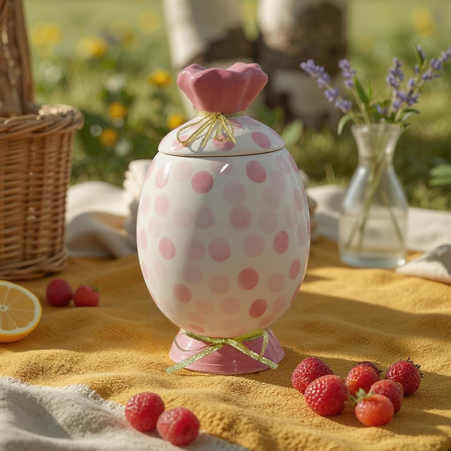 Cute Storage Jars with Airtight Lid, Funny Candy Shape Ceramic Food Container, Cookie Canister for Coffee Bean, Sugar, Tea, Spices, Cereal, Nuts, Dog Treat-700 ml / 23.7 oz(Pink Dots)