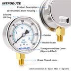 MEANLIN MEASURE 0~300Psi Dry Pressure Gauge Stainless Steel 1/8" NPT 2" FACE DIAL Waterproof for Air Compressor Air Regulator Water Filter Lower Mount, with 1/4" NPT and 3/8" NPT Hex Bushing