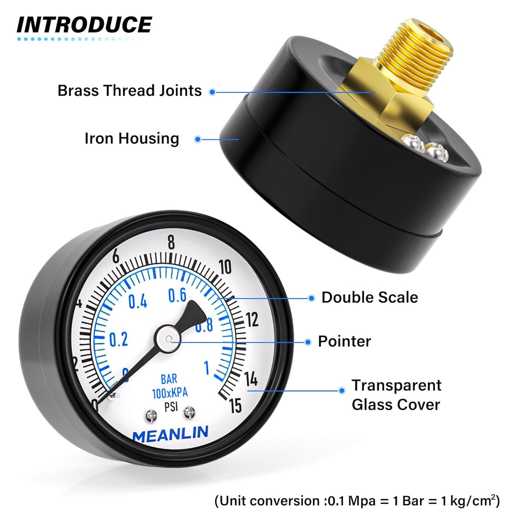 MEANLIN MEASURE 0-15Psi Well Pump Pressure Gauge 1/4" NPT 2" FACE DIAL for Water Oil Air Well Pump Tank Tire Pressure Test Back Mount, with Teflon Tape