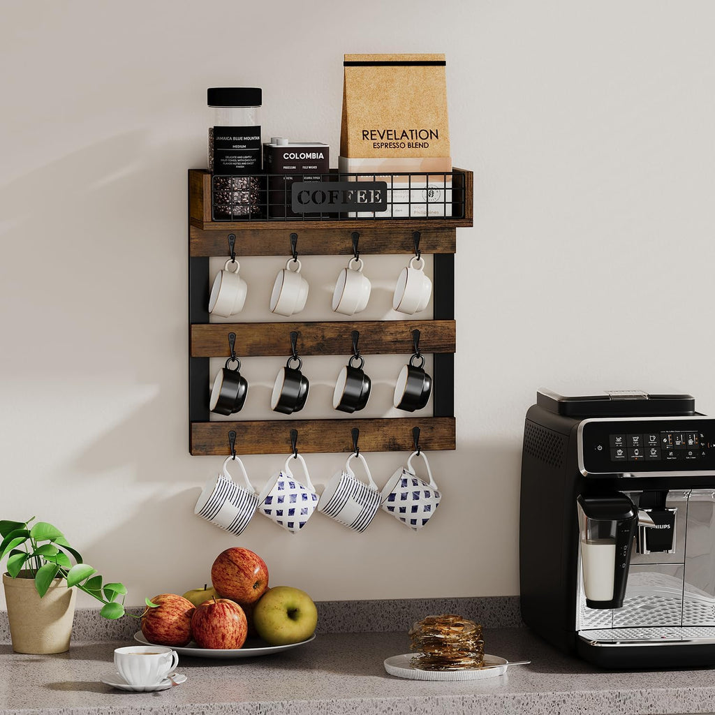 YINMIT Coffee Mug Holder Wall Mounted, Wood Mug Racks with 12 Hooks, Coffee Cup Holder for Wall with Storage Shelf, Cups Rack for Home, Kitchen