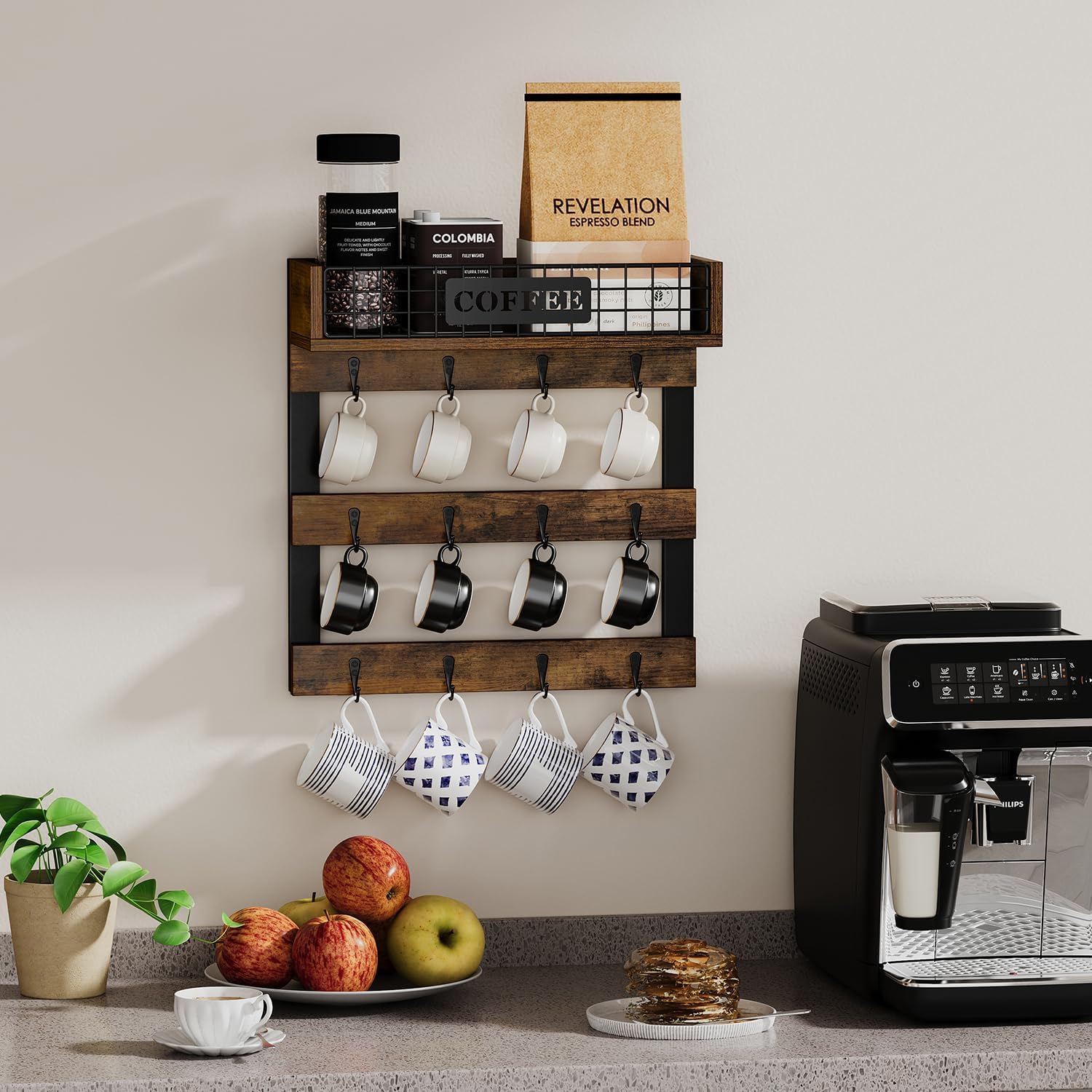 YINMIT Coffee Mug Holder Wall Mounted, Wood Mug Racks with 12 Hooks, Coffee Cup Holder for Wall with Storage Shelf, Cups Rack for Home, Kitchen