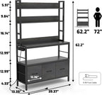 Bakers Rack with Power Outlet,5-Tier Free Standing Kitchen Storage Shelf Bakers Rack with Baskets,Industrial Microwave Oven Stand,Metal Kitchen Rack Organizer with Hooks(Black)