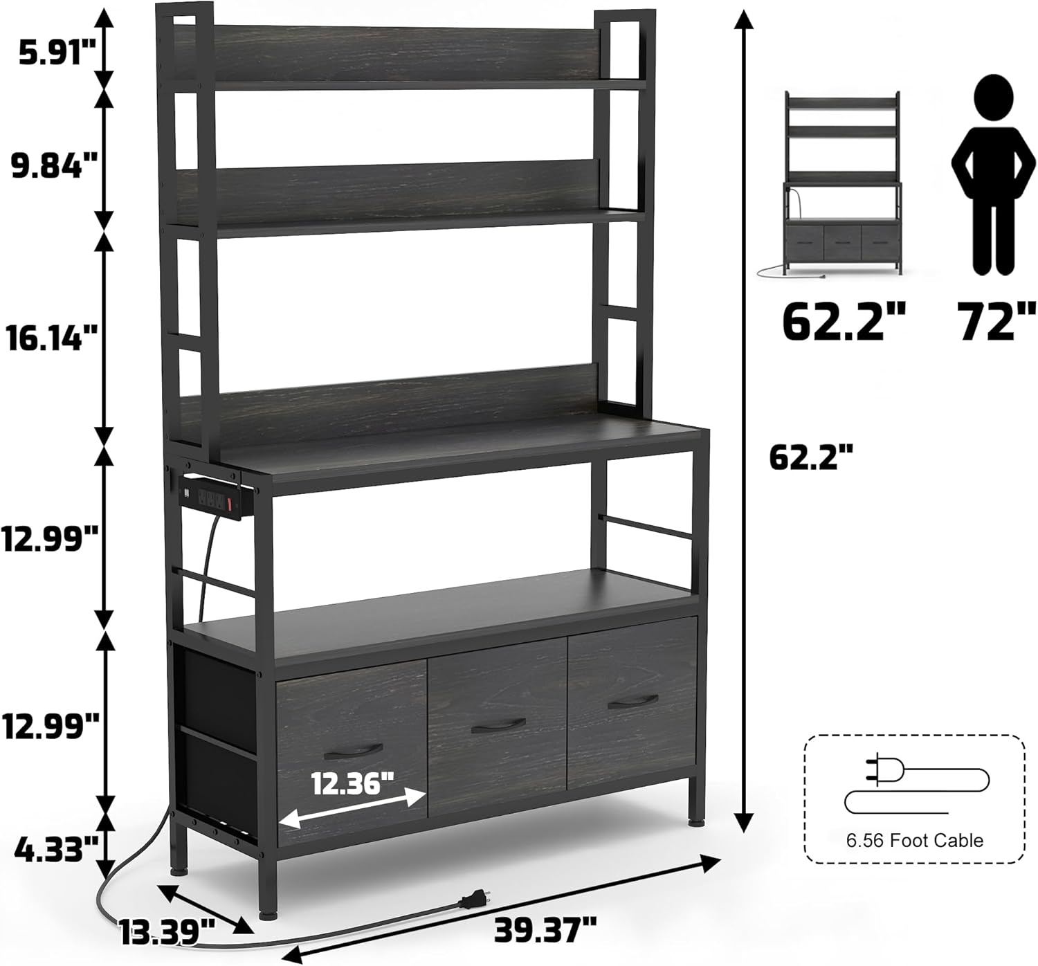 Bakers Rack with Power Outlet,5-Tier Free Standing Kitchen Storage Shelf Bakers Rack with Baskets,Industrial Microwave Oven Stand,Metal Kitchen Rack Organizer with Hooks(Black)